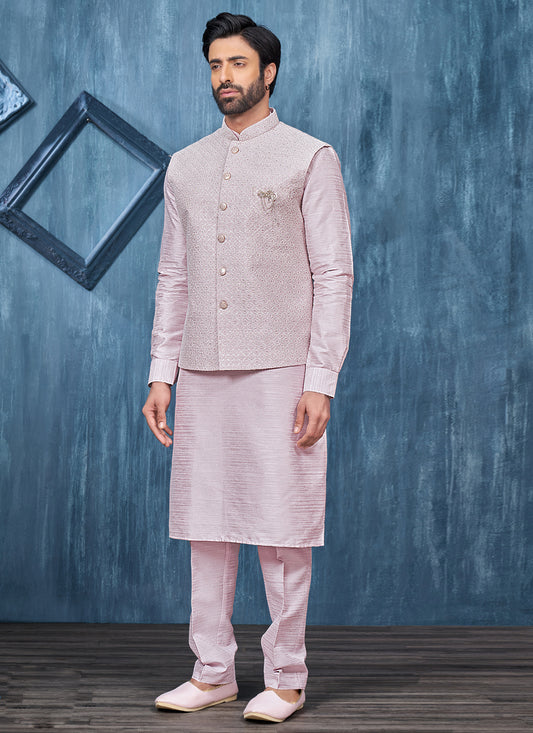 Light Pink Banarasi Silk Mens Kurta Pajama With Jacket