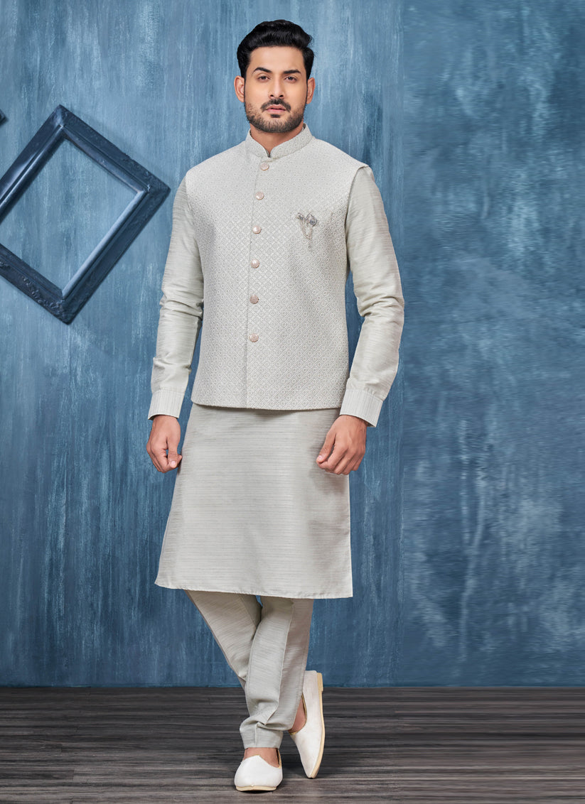 Grey Banarasi Silk Mens Kurta Pajama With Jacket