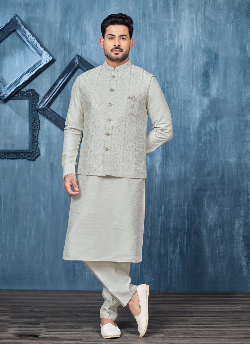 Grey Banarasi Silk Mens Kurta Pajama With Jacket