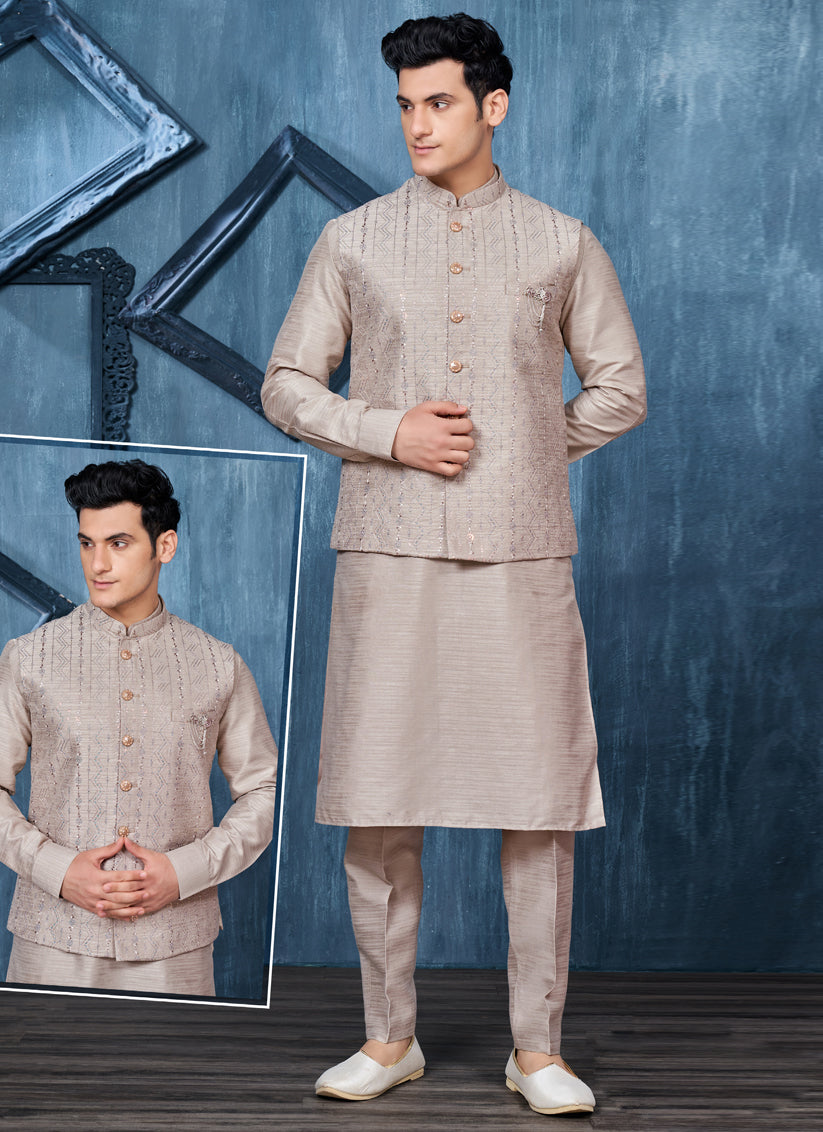 Brown Banarasi Silk Mens Kurta Pajama With Jacket