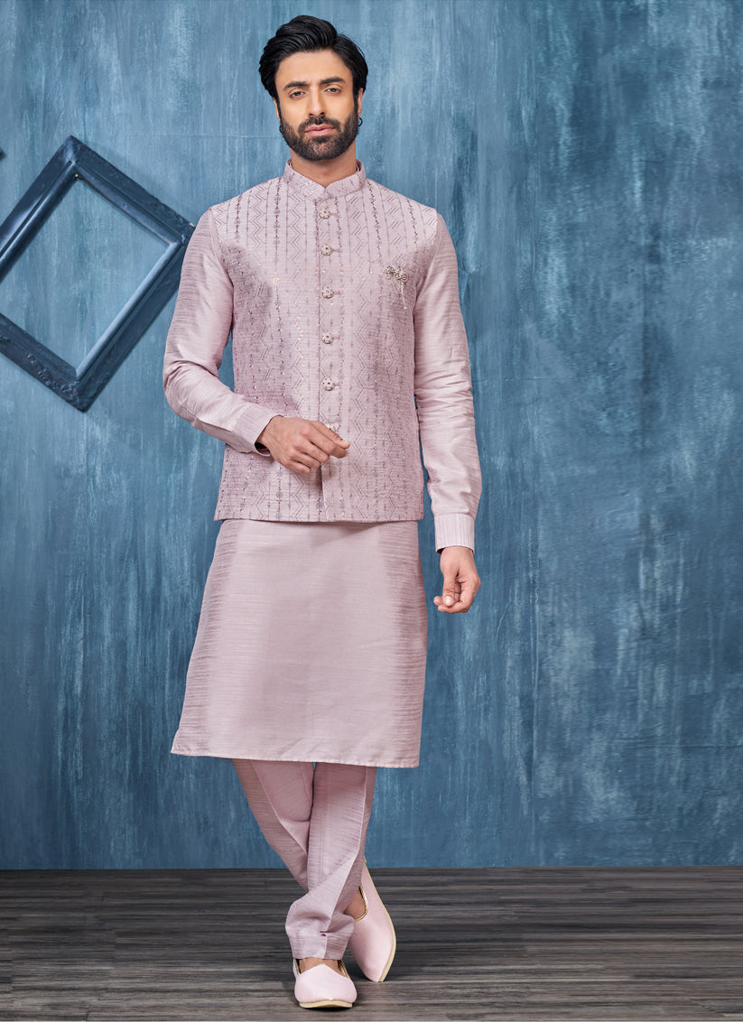 Lavender Banarasi Silk Mens Kurta Pajama With Jacket