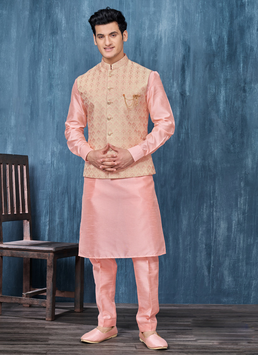 Peach Jacquard Mens Kurta Pajama With Jacket