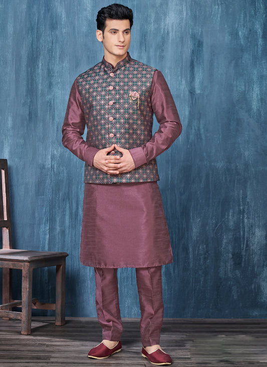 Purple Jacquard Mens Kurta Pajama With Jacket