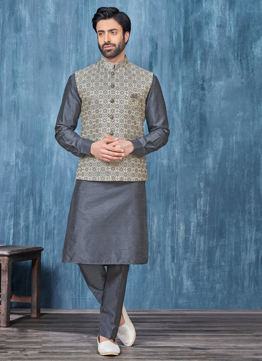 Grey Jacquard Mens Kurta Pajama With Jacket