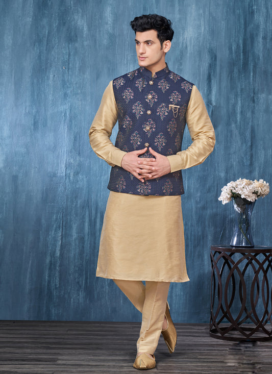 Beige Jacquard Mens Kurta Pajama With Jacket