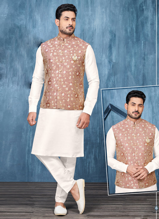 Off White Jacquard Mens Kurta Pajama With Jacket