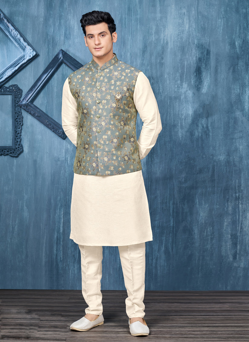 Cream Jacquard Mens Kurta Pajama With Jacket