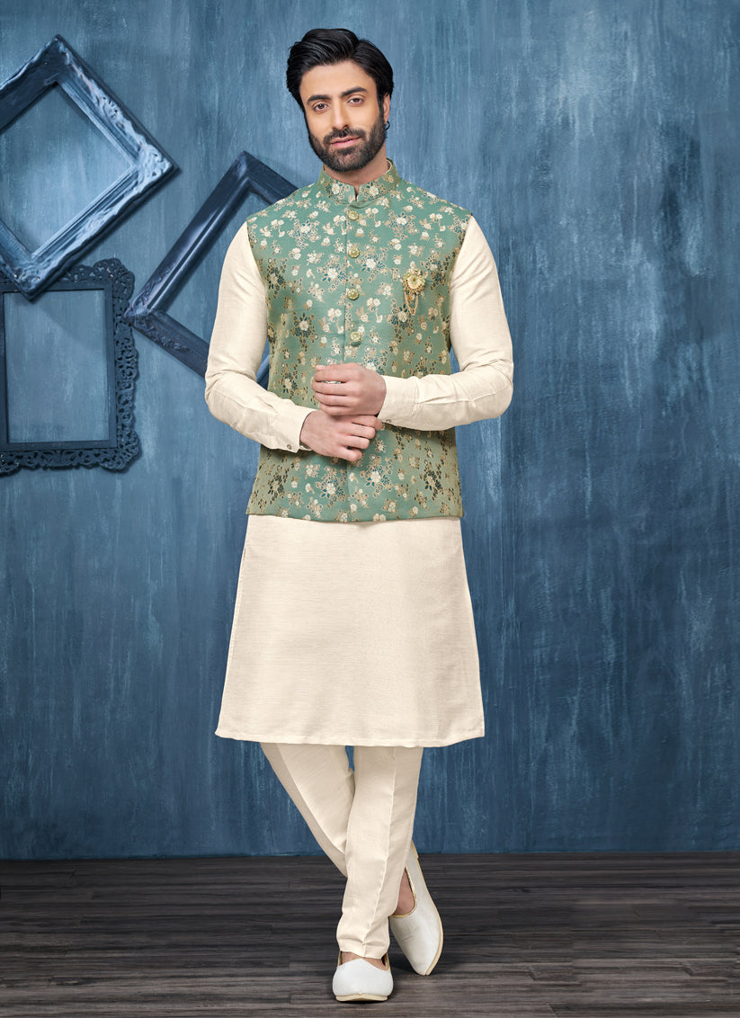 Cream Jacquard Mens Kurta Pajama With Jacket