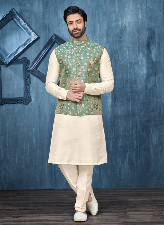 Cream Jacquard Mens Kurta Pajama With Jacket