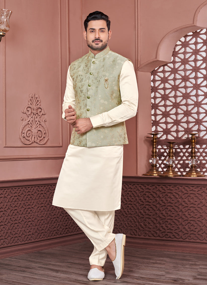 Cream Jacquard Mens Kurta Pajama With Jacket