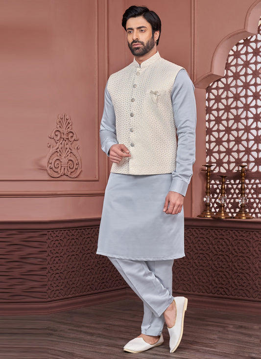 Grey Jacquard Mens Kurta Pajama With Jacket