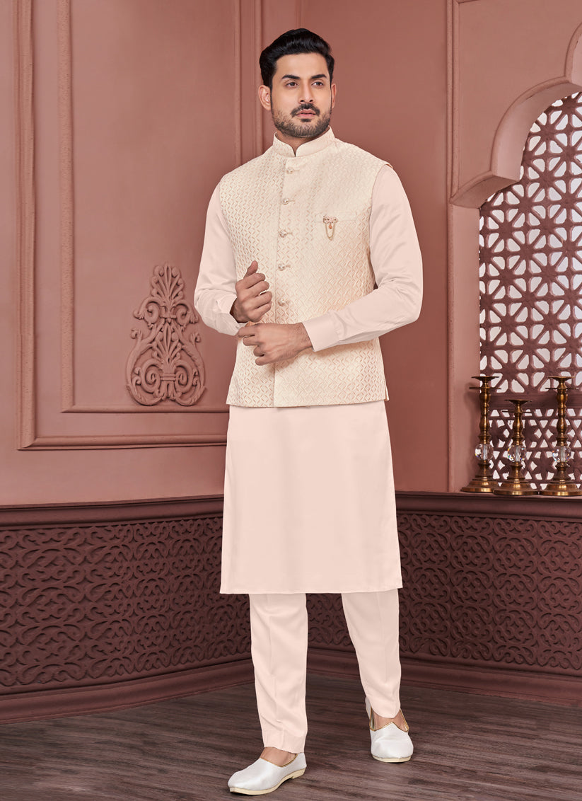 Cream Jacquard Mens Kurta Pajama With Jacket