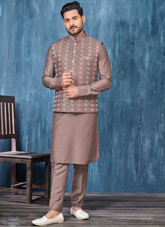 Brown Banarasi Silk Mens Kurta Pajama With Jacket