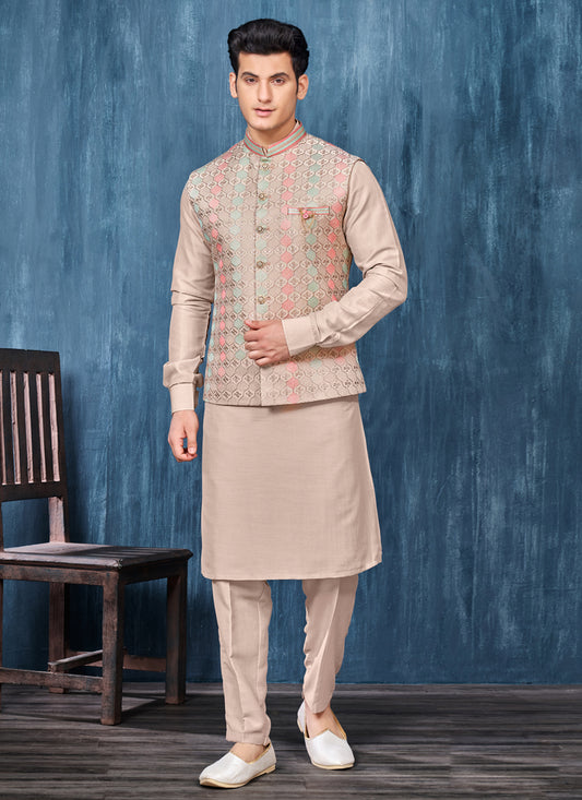 Beige Banarasi Silk Mens Kurta Pajama With Jacket