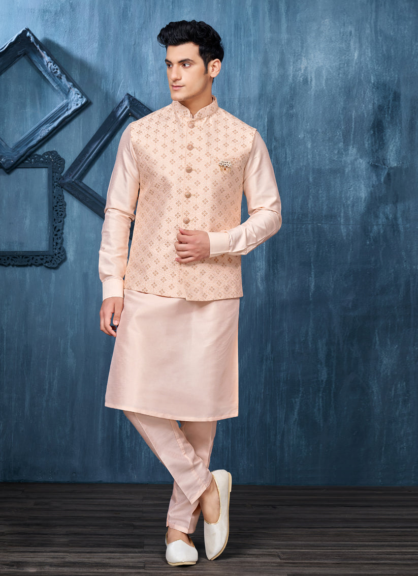 Peach Banarasi Silk Mens Kurta Pajama With Jacket