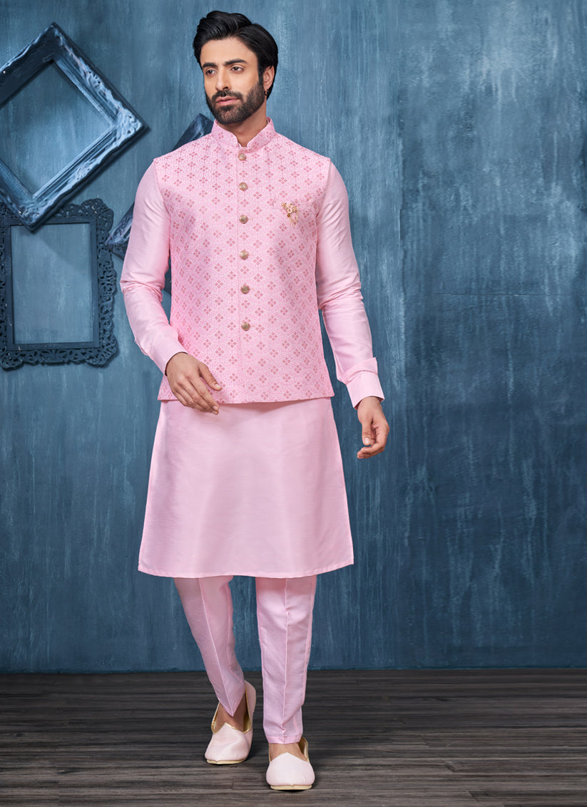 Pink Banarasi Silk Mens Kurta Pajama With Jacket