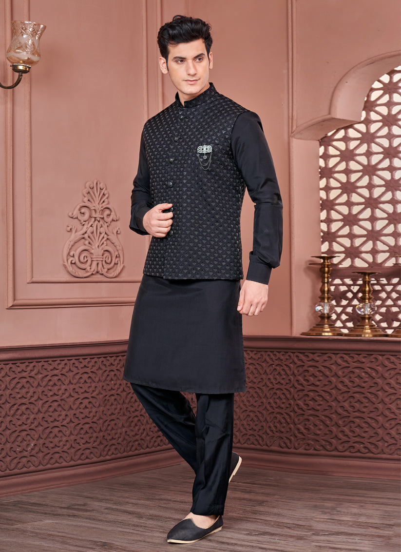 Black Banarasi Silk Mens Kurta Pajama With Jacket