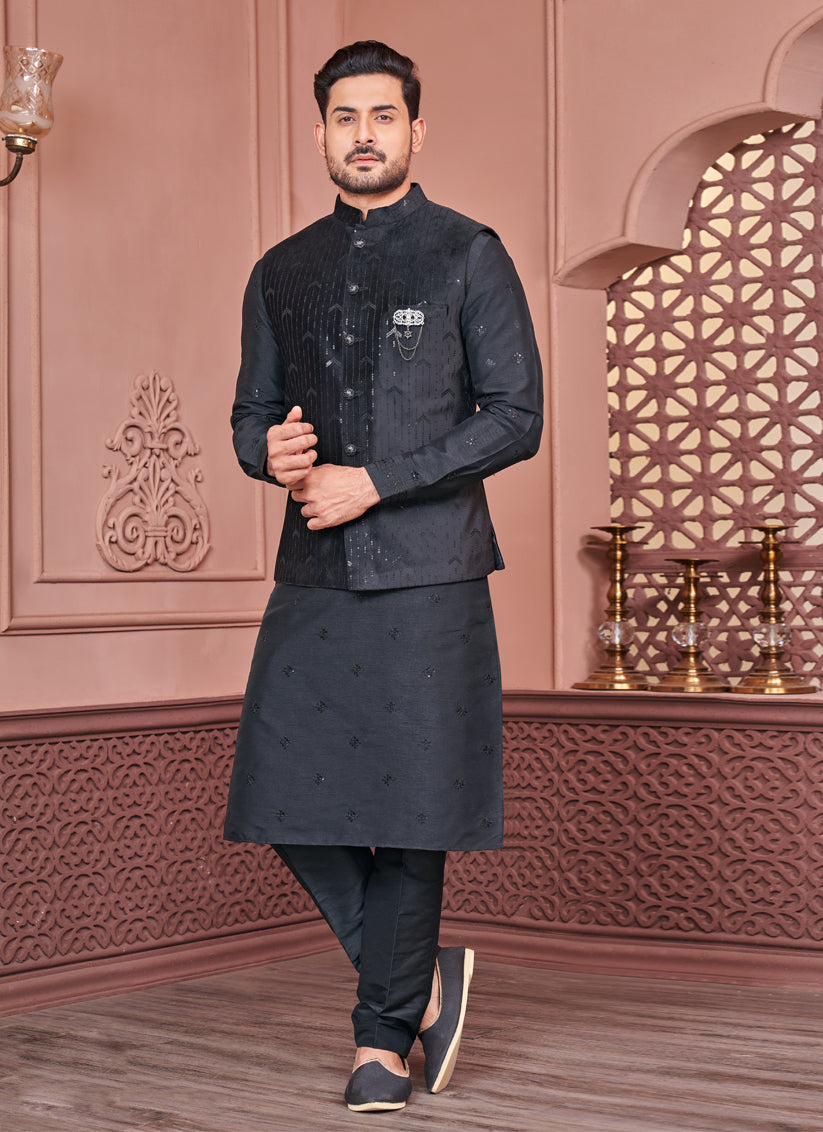 Black Velvet Mens Kurta Pajama With Jacket