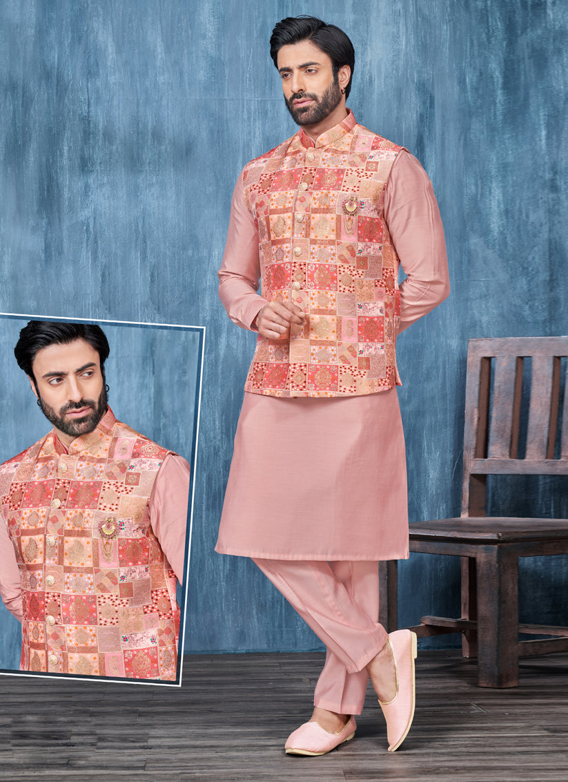 Pink Jacquard Mens Kurta Pajama With Jacket