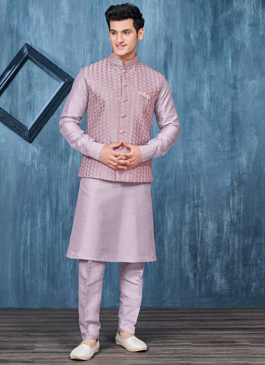 Lavender Banarasi Silk Mens Kurta Pajama With Jacket