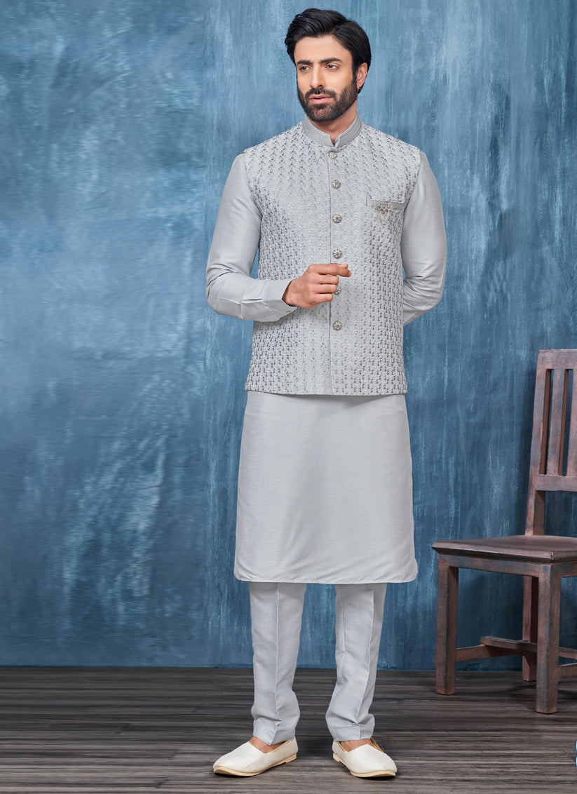 Grey Banarasi Silk Mens Kurta Pajama With Jacket