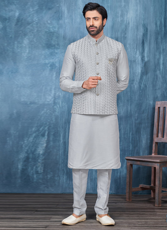 Grey Banarasi Silk Mens Kurta Pajama With Jacket