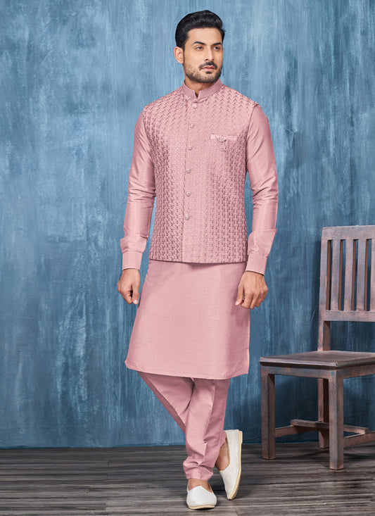 Pink Banarasi Silk Mens Kurta Pajama With Jacket