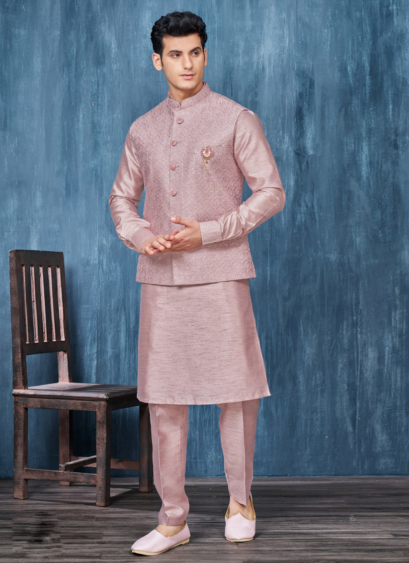 Pink Banarasi Silk Mens Kurta Pajama With Jacket