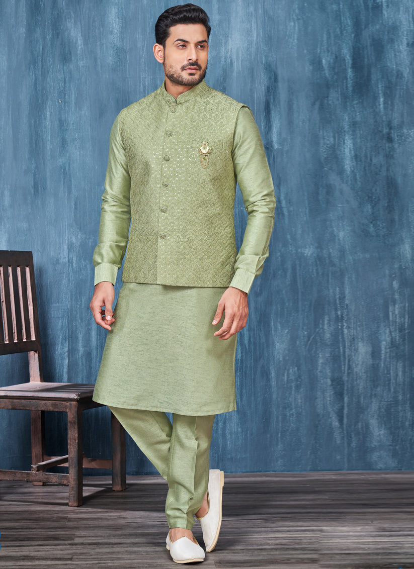 Light Green Banarasi Silk Mens Kurta Pajama With Jacket