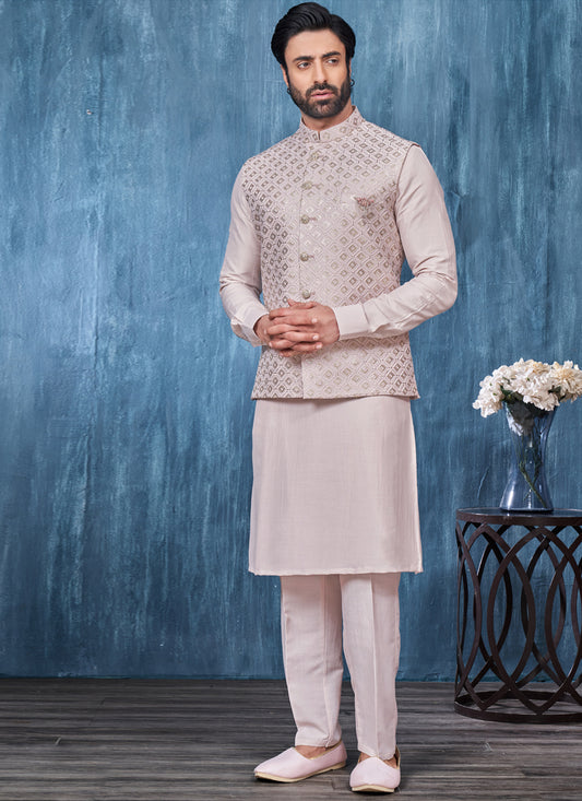 Cream Banarasi Silk Mens Kurta Pajama With Jacket