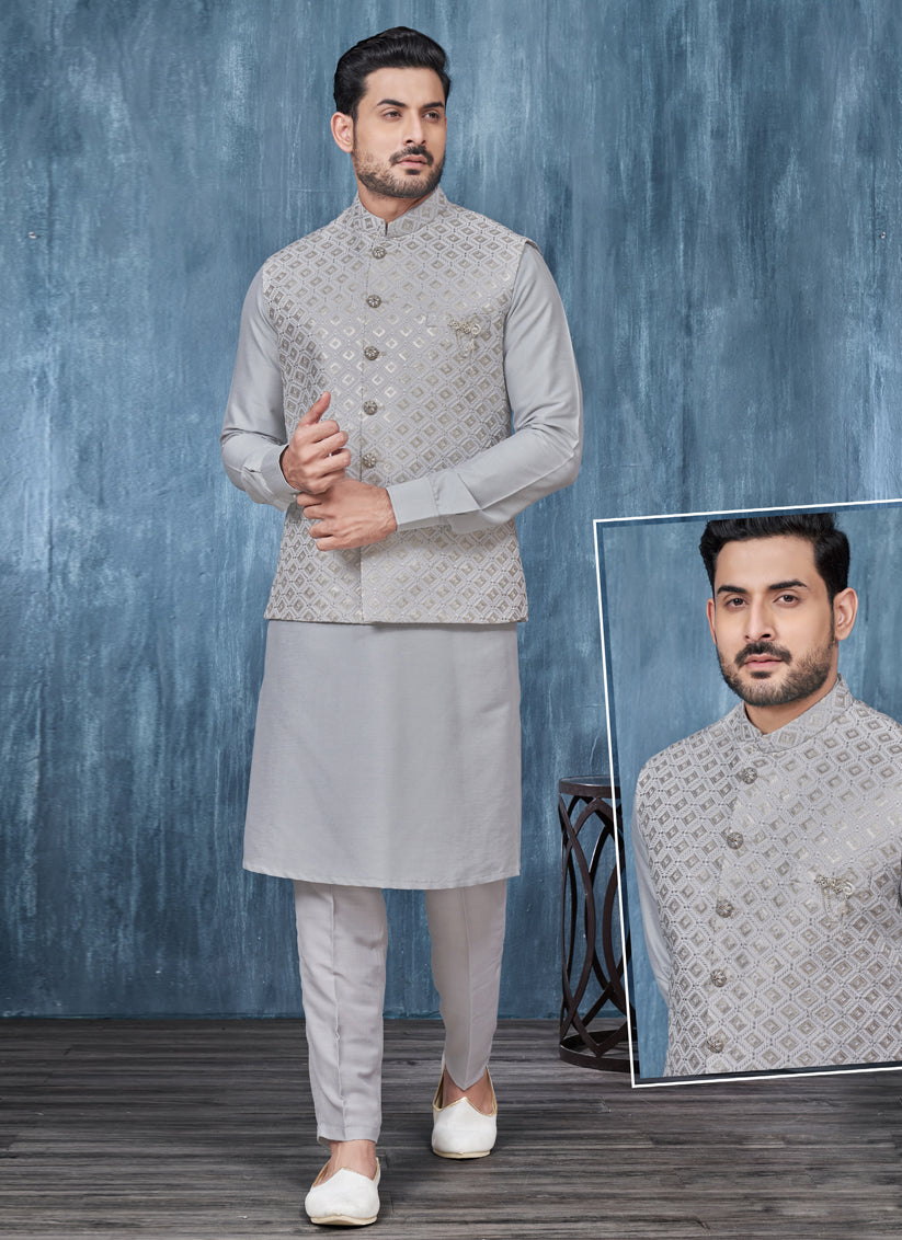 Grey Banarasi Silk Mens Kurta Pajama With Jacket