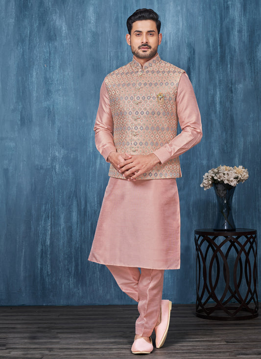 Peach Banarasi Silk Mens Kurta Pajama With Jacket