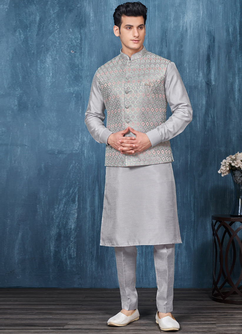 Grey Banarasi Silk Mens Kurta Pajama With Jacket