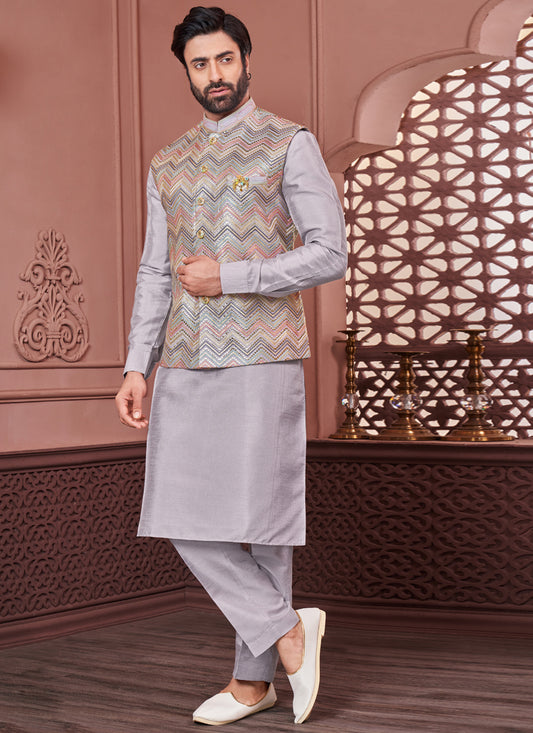 Grey Banarasi Silk Mens Kurta Pajama With Jacket