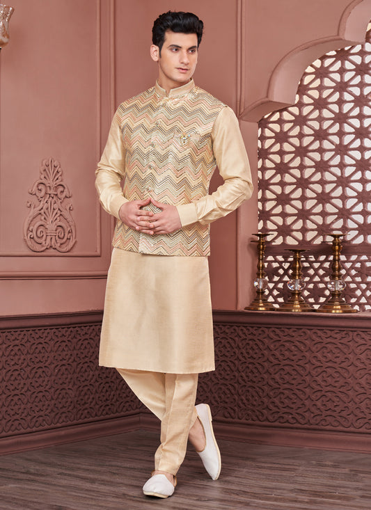 Beige Banarasi Silk Mens Kurta Pajama With Jacket