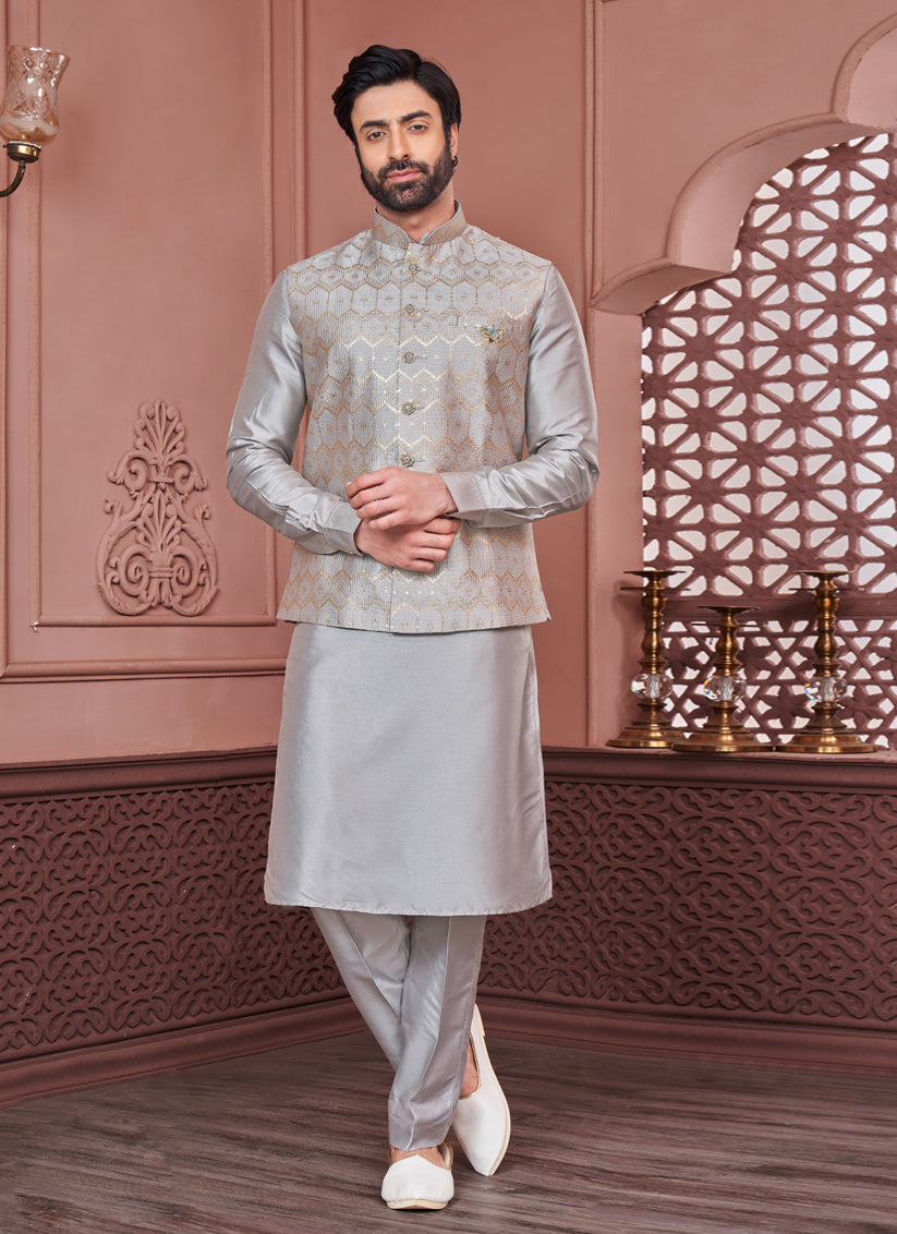 Grey Banarasi Silk Mens Kurta Pajama With Jacket