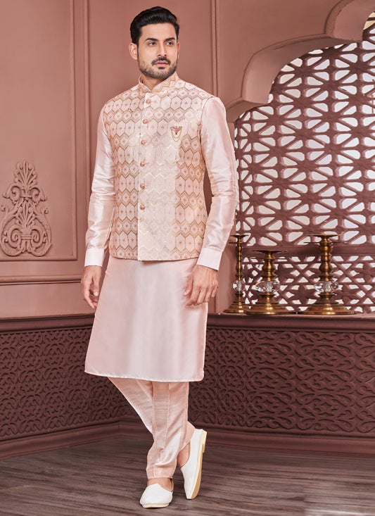 Peach Banarasi Silk Mens Kurta Pajama With Jacket