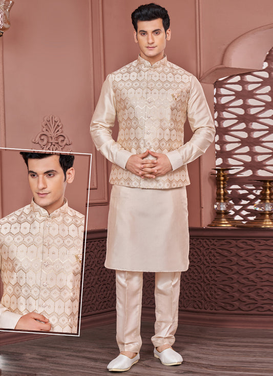 Beige Banarasi Silk Mens Kurta Pajama With Jacket