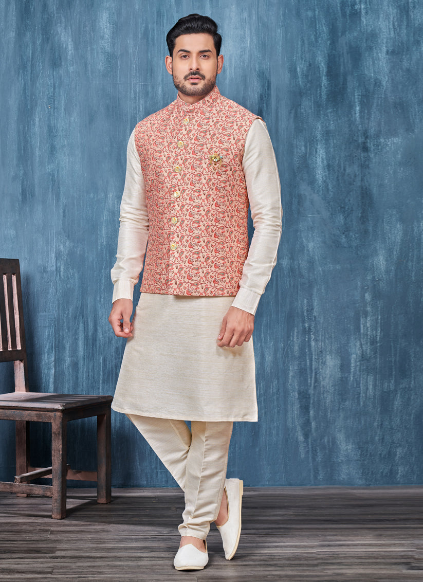 Cream Silk Mens Kurta Pajama With Jacket