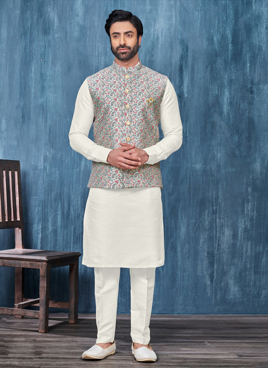 Off White Silk Mens Kurta Pajama With Jacket