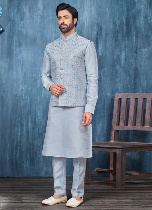 Light Blue Banarasi Silk Mens Kurta Pajama With Jacket