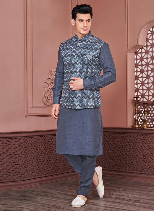 Navy Blue Banarasi Silk Mens Kurta Pajama With Jacket