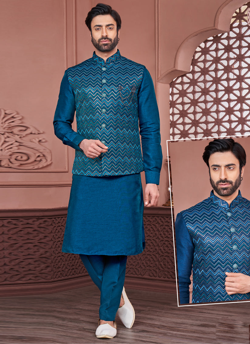 Teal Banarasi Silk Mens Kurta Pajama With Jacket