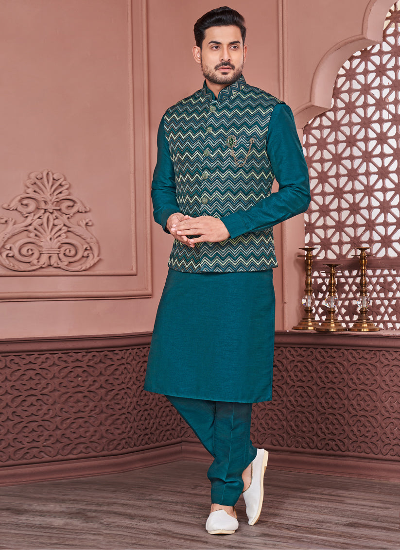 Teal Banarasi Silk Mens Kurta Pajama With Jacket