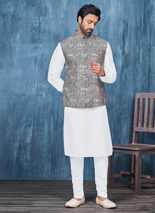 White Banarasi Silk Mens Kurta Pajama With Jacket