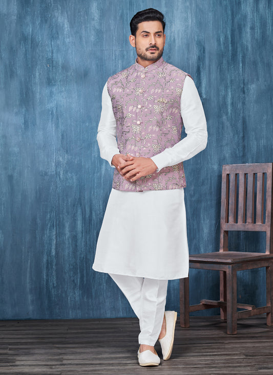 White Banarasi Silk Mens Kurta Pajama With Jacket