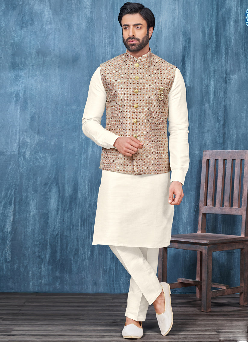 Cream Silk Mens Kurta Pajama With Jacket