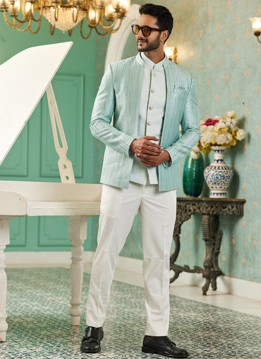 Sea Green Art Silk 3 Pcs Jodhpuri Suit