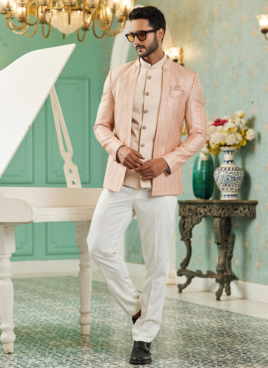 Peach Art Silk 3 Pcs Jodhpuri Suit