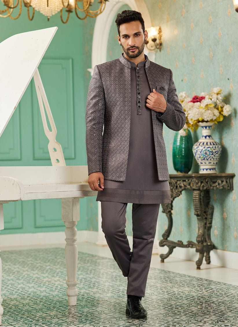 Slate Grey Art Silk 3 Pcs Jodhpuri Suit